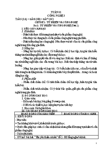Kế hoạch dạy học Công nghệ 3 - Tuần 1 - Bài 1: Tự nhiên và công nghệ - Trường tiểu học Nhân Hòa