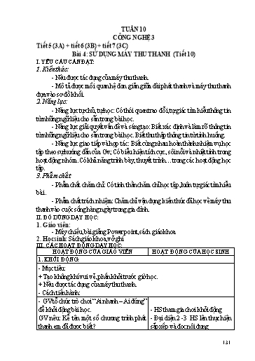 Kế hoạch dạy học Công nghệ 3 - Tuần 10 - Bài 4: Sử dụng máy thu thanh (Tiết 10) - Trường tiểu học Nhân Hòa