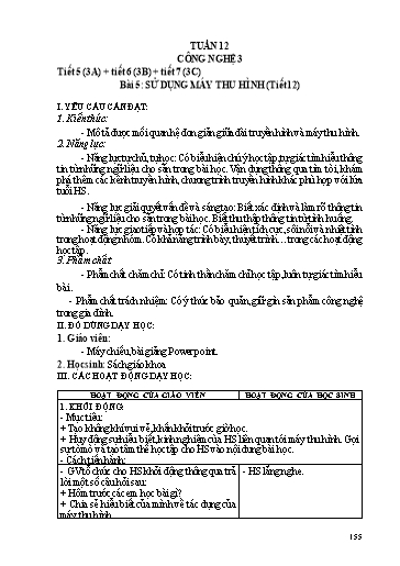 Kế hoạch dạy học Công nghệ 3 - Tuần 12 - Bài 5: Sử dụng máy thu hình - Trường tiểu học Nhân Hòa