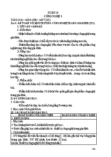 Kế hoạch dạy học Công nghệ 3 - Tuần 15 - Bài 6: An toàn với môi trường công nghệ trong gia đình - Trường tiểu học Nhân Hòa
