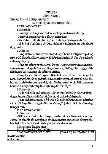 Kế hoạch dạy học Công nghệ 3 - Tuần 3 - Bài 2: Sử dụng đèn học (Tiết 3) - Trường tiểu học Nhân Hòa