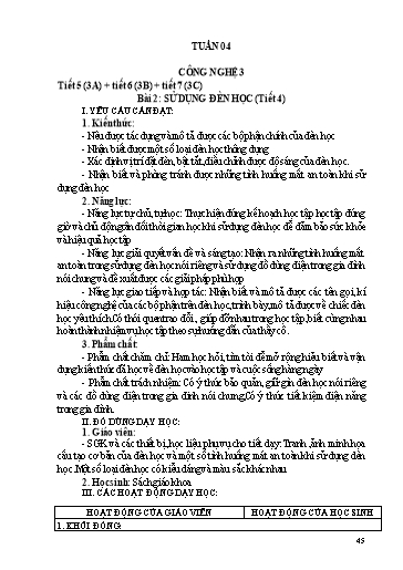 Kế hoạch dạy học Công nghệ 3 - Tuần 4 - Bài 2: Sử dụng đèn học (Tiết 4) - Trường tiểu học Nhân Hòa