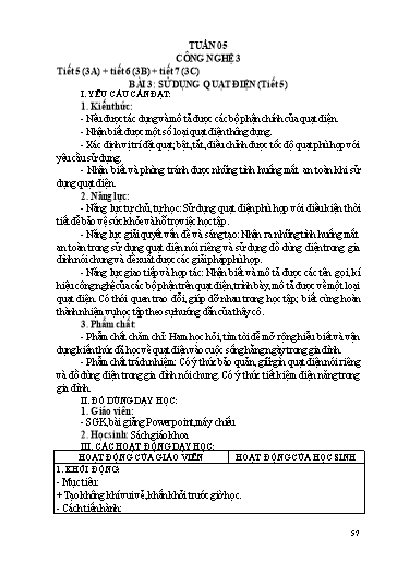 Kế hoạch dạy học Công nghệ 3 - Tuần 5 - Bài 3: Sử dụng quạt điện (Tiết 5) - Trường tiểu học Nhân Hòa