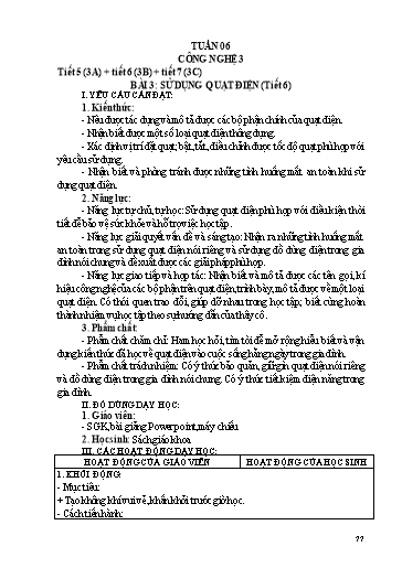 Kế hoạch dạy học Công nghệ 3 - Tuần 6 - Bài 3: Sử dụng quạt điện (Tiết 6) - Trường tiểu học Nhân Hòa