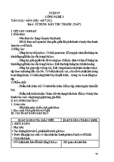 Kế hoạch dạy học Công nghệ 3 - Tuần 7 - Bài 4: Sử dụng máy thu thanh (Tiết 7) - Trường tiểu học Nhân Hòa