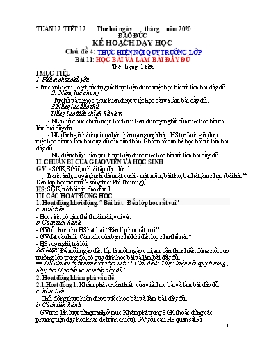 Kế hoạch dạy học Đạo đức 1 - Tuần 12 - Bài 11: Học bài và làm bài đầy đủ - Năm học 2020-2021 - Trường tiểu học Nhân Hòa
