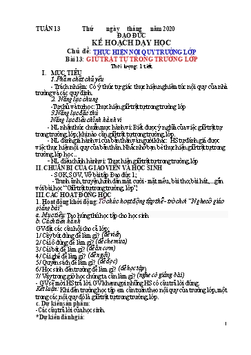 Kế hoạch dạy học Đạo đức 1 - Tuần 13 - Bài 13: Giữ trật tự trong trường lớp - Năm học 2020-2021 - Trường tiểu học Nhân Hòa