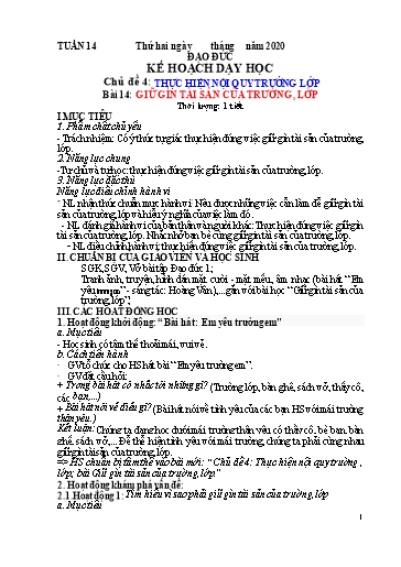 Kế hoạch dạy học Đạo đức 1 - Tuần 14 - Bài 14: Giữ gìn tài sản cảu trường, lớp - Năm học 2020-2021 - Trường tiểu học Nhân Hòa