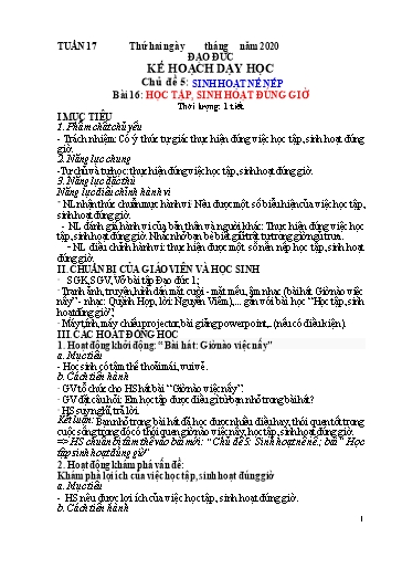 Kế hoạch dạy học Đạo đức 1 - Tuần 17 - Bài 16: Học tập, sinh hoạt đúng giờ - Năm học 2020-2021 - Trường tiểu học Nhân Hòa