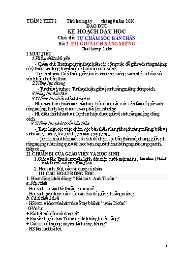 Kế hoạch dạy học Đạo đức 1 - Tuần 2 - Bài 2: Em giữ sạch răng miệng - Năm học 2020-2021 - Trường tiểu học Nhân Hòa