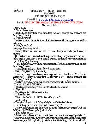 Kế hoạch dạy học Đạo đức 1 - Tuần 20 - Bài 18: Tự giác tham gia các hoạt động ở trường - Năm học 2020-2021 - Trường tiểu học Nhân Hòa