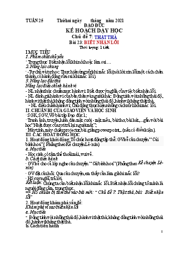 Kế hoạch dạy học Đạo đức 1 - Tuần 25 - Bài 23: Biết nhận lỗi - Năm học 2020-2021 - Trường tiểu học Nhân Hòa