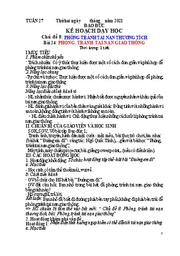 Kế hoạch dạy học Đạo đức 1 - Tuần 27 - Bài 24: Phòng, tránh tai nạn giao thông - Năm học 2020-2021 - Trường tiểu học Nhân Hòa