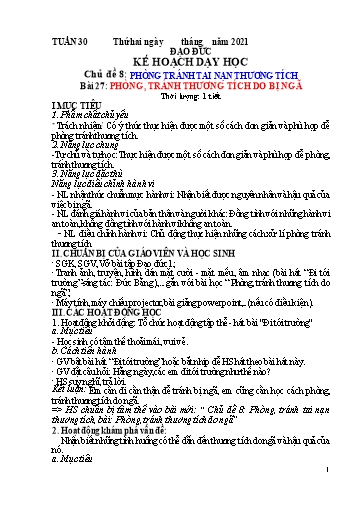 Kế hoạch dạy học Đạo đức 1 - Tuần 30 - Bài 27: Phòng, tránh thương tích do bị ngã - Năm học 2020-2021 - Trường tiểu học Nhân Hòa