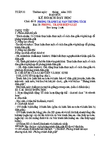 Kế hoạch dạy học Đạo đức 1 - Tuần 31 - Bài 28: Phòng, tránh điện giật - Năm học 2020-2021 - Trường tiểu học Nhân Hòa