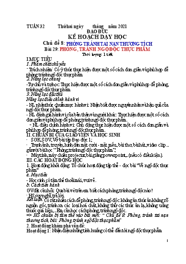 Kế hoạch dạy học Đạo đức 1 - Tuần 32 - Bài 29: Phòng, tránh ngộ độc thực phẩm - Năm học 2020-2021 - Trường tiểu học Nhân Hòa