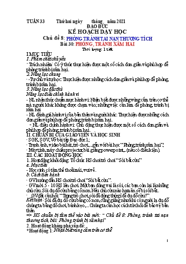 Kế hoạch dạy học Đạo đức 1 - Tuần 33 - Bài 30: Phòng, tránh xâm hại - Năm học 2020-2021 - Trường tiểu học Nhân Hòa