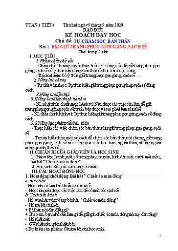Kế hoạch dạy học Đạo đức 1 - Tuần 4 - Bài 1: Em giữ trang phục gọn gàng, sạch sẽ - Năm học 2020-2021 - Trường tiểu học Nhân Hòa