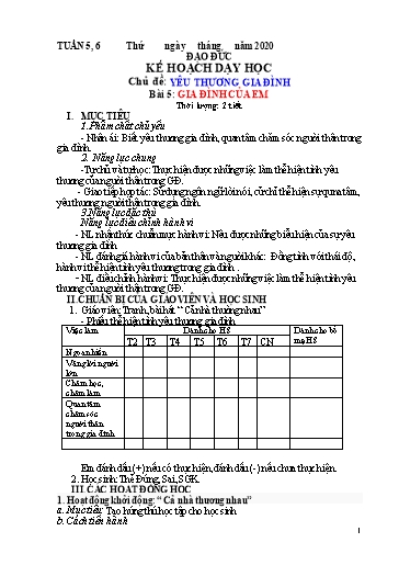 Kế hoạch dạy học Đạo đức 1 - Tuần 5+6 - Bài 5: Gia đình của em - Năm học 2020-2021 - Trường tiểu học Nhân Hòa