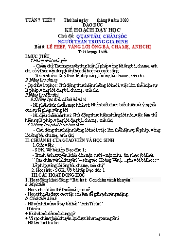 Kế hoạch dạy học Đạo đức 1 - Tuần 7 - Bài 6: Lễ phép, vâng lời ông bà, cha mẹ, anh chị - Năm học 2020-2021 - Trường tiểu học Nhân Hòa