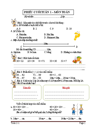 Phiếu bài tập cuối tuần Toán 2 - Tuần 1 - Trường Tiểu học Nhân Hòa