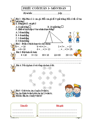 Phiếu bài tập cuối tuần Toán 2 - Tuần 3 - Trường Tiểu học Nhân Hòa