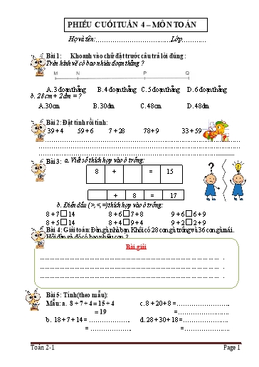 Phiếu bài tập cuối tuần Toán 2 - Tuần 4 - Trường Tiểu học Nhân Hòa