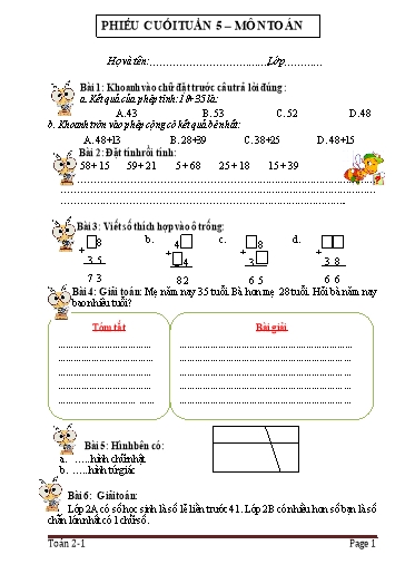 Phiếu bài tập cuối tuần Toán 2 - Tuần 5 - Trường Tiểu học Nhân Hòa