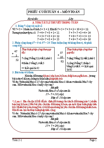 Phiếu bài tập cuối tuần Toán 2 - Tuần 6 - Trường Tiểu học Nhân Hòa