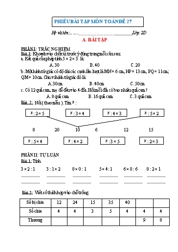 Phiếu bài tập môn Toán 2 - Đề 27 - Trường Tiểu học Nhân Hòa