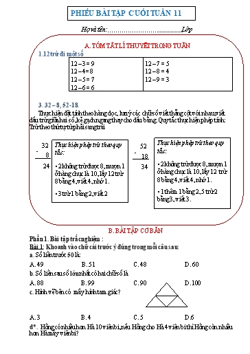 Phiếu bài tập môn Toán 2 - Tuần 11 - Trường Tiểu học Nhân Hòa