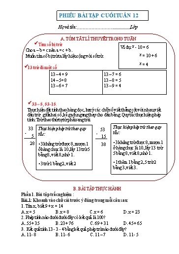 Phiếu bài tập môn Toán 2 - Tuần 12 - Trường Tiểu học Nhân Hòa