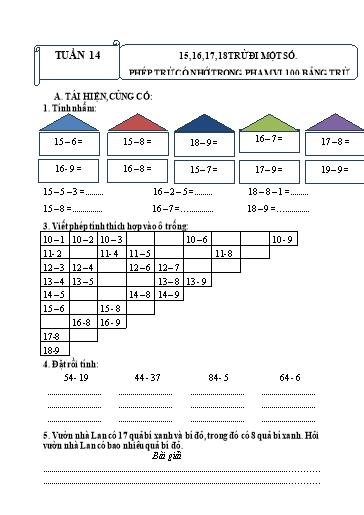 Phiếu bài tập môn Toán 2 - Tuần 14 - Bài: 15, 16, 17, 18 trừ đi một số. Phép trừ có nhớ trong phạm vi 100. Bảng trừ - Trường tiểu học nhân hòa