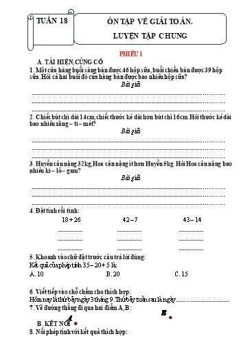 Phiếu bài tập môn Toán 2 - Tuần 18 - Bài: Ôn tập về giải toán. Luyện tập chung - Trường Tiểu học Nhân Hòa
