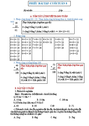 Phiếu bài tập môn Toán 2 - Tuần 8 - Trường Tiểu học Nhân Hòa