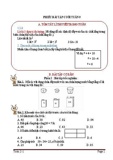 Phiếu bài tập môn Toán 2 - Tuần 9 - Trường Tiểu học Nhân Hòa