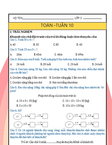 Phiếu bài tập môn Toán 3 - Tuần 10 - Trường Tiểu học Nhân Hòa