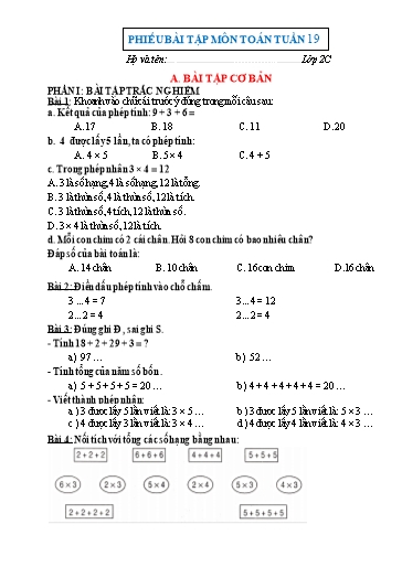 Phiếu bài tập môn Toán Lớp 2 - Tuần 19 - Trường Tiểu học Nhân Hòa