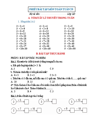 Phiếu bài tập môn Toán Lớp 2 - Tuần 20 - Trường Tiểu học Nhân Hòa