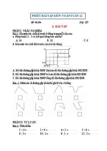 Phiếu bài tập môn Toán Lớp 2 - Tuần 22 - Trường Tiểu học Nhân Hòa