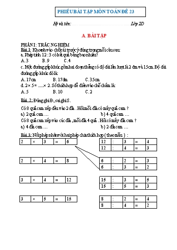 Phiếu bài tập môn Toán Lớp 2 - Tuần 23 - Trường Tiểu học Nhân Hòa