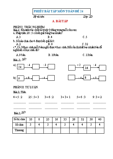 Phiếu bài tập môn Toán Lớp 2 - Tuần 24 - Trường Tiểu học Nhân Hòa