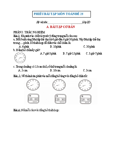 Phiếu bài tập môn Toán Lớp 2 - Tuần 25 - Trường Tiểu học Nhân Hòa