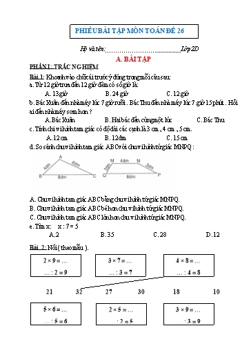 Phiếu bài tập môn Toán Lớp 2 - Tuần 26 - Trường Tiểu học Nhân Hòa