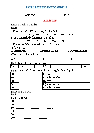 Phiếu bài tập môn Toán Lớp 2 - Tuần 28 - Trường Tiểu học Nhân Hòa