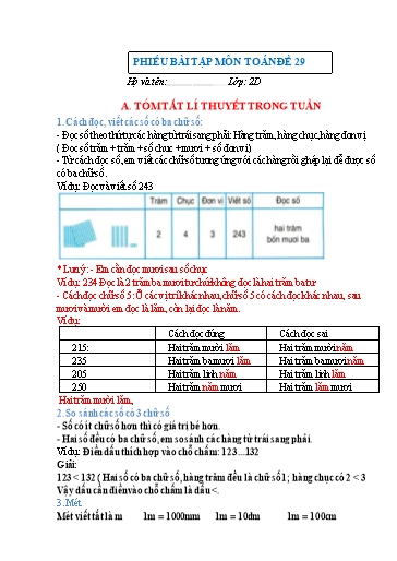 Phiếu bài tập môn Toán Lớp 2 - Tuần 29 - Trường Tiểu học Nhân Hòa