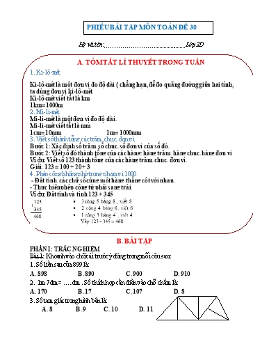 Phiếu bài tập môn Toán Lớp 2 - Tuần 30 - Trường Tiểu học Nhân Hòa