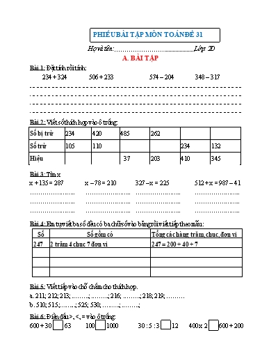 Phiếu bài tập môn Toán Lớp 2 - Tuần 31 - Trường Tiểu học Nhân Hòa