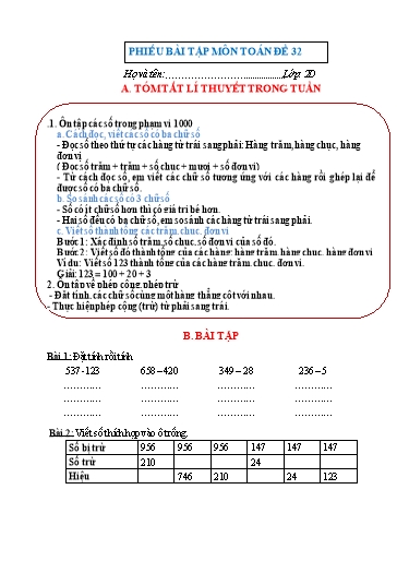 Phiếu bài tập môn Toán Lớp 2 - Tuần 32 - Trường Tiểu học Nhân Hòa