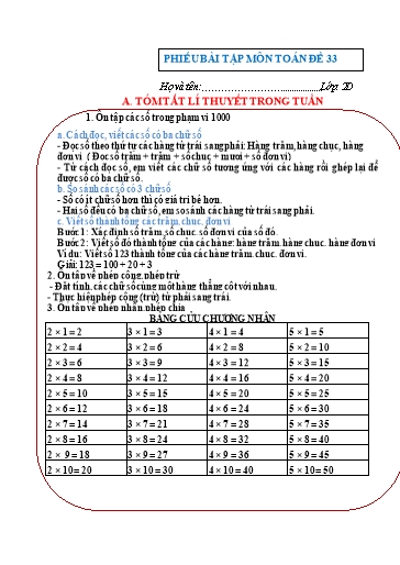 Phiếu bài tập môn Toán Lớp 2 - Tuần 33 - Trường Tiểu học Nhân Hòa
